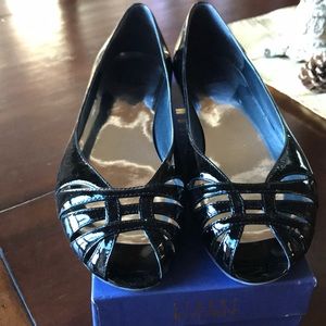 Stuart Weitzman patent leather peep toe flats